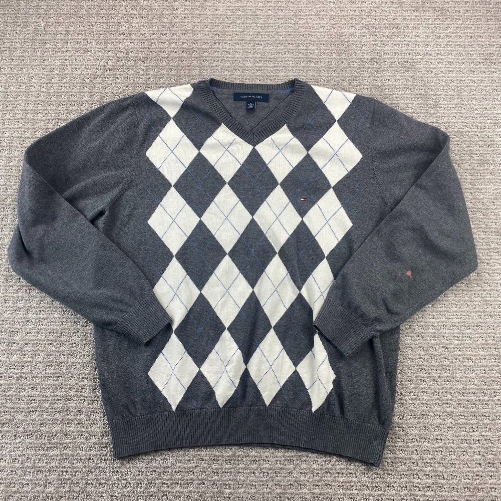 Tommy Hilfiger Argyle Sweater Men XL Gray White Diamond Pattern Knit -STAINS